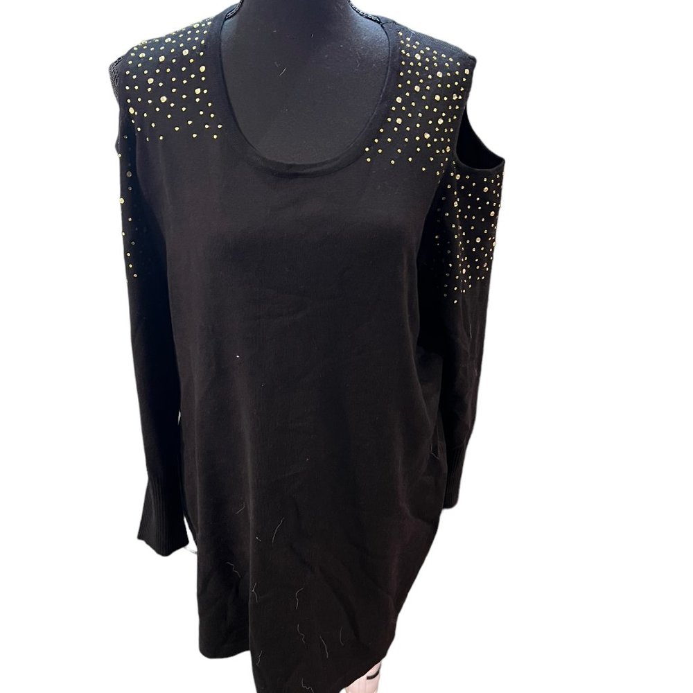 Questions Women Sweater Top Pullover Rhinestones Sequin Open Shoulder Black 1X